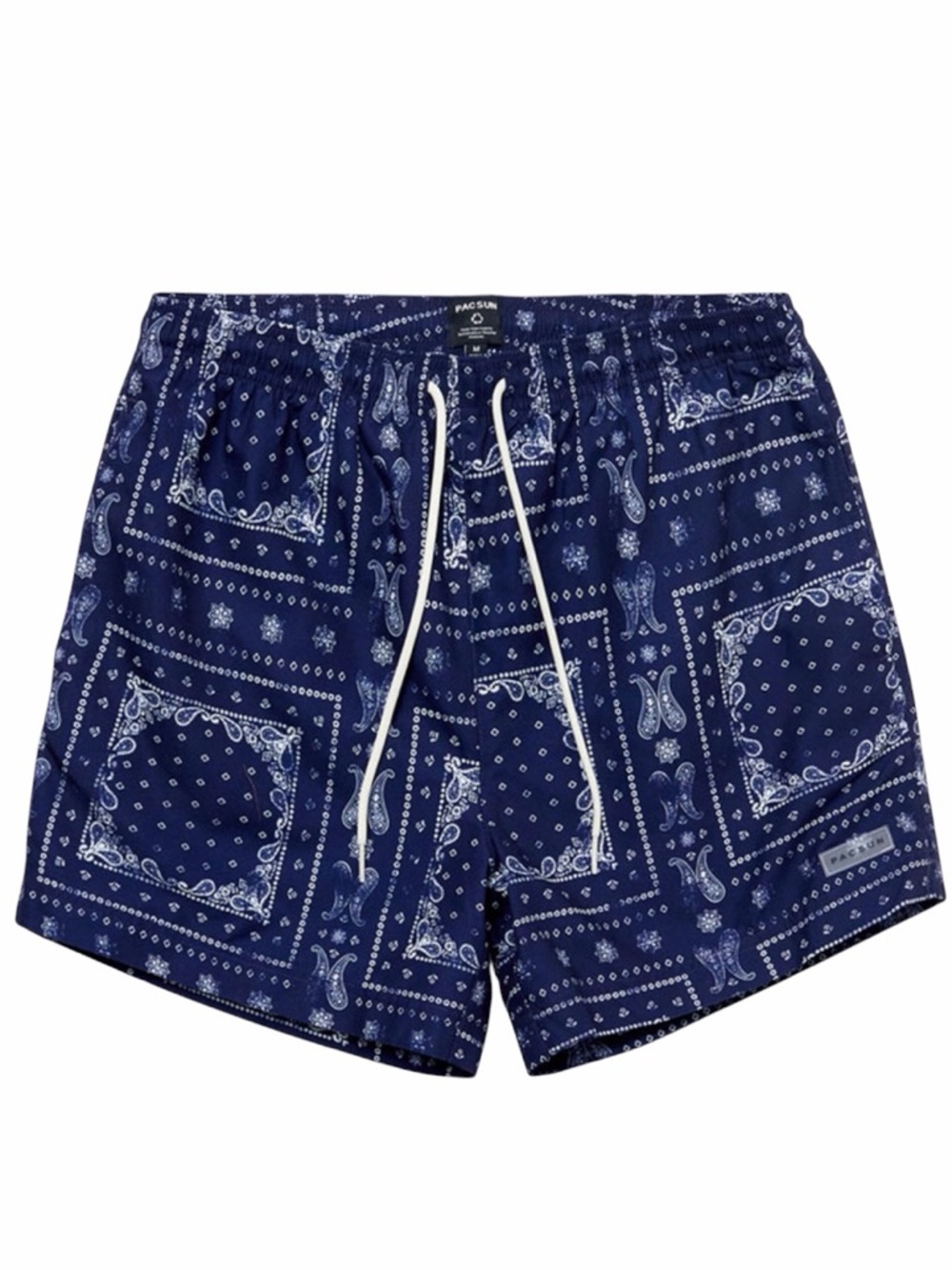 Pacsun Eco Navy and White Bandana Block 4.5" Swim Trunks Size Small
